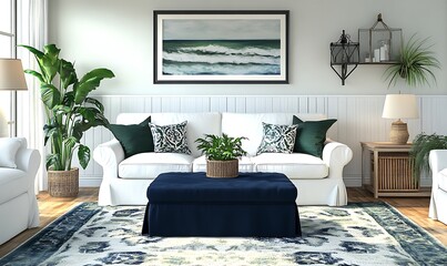 Coastal living room interior design featuring white slipcovered sofas, navy blue ottoman, patterned rug, and green accents. Natural light brightens the space with artwork above sofa. Generative AI