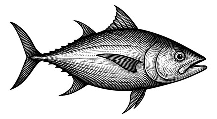 Fototapeta premium Detailed Engraving Style Illustration of Tuna Fish with Intricate Lines and Textures on White Background