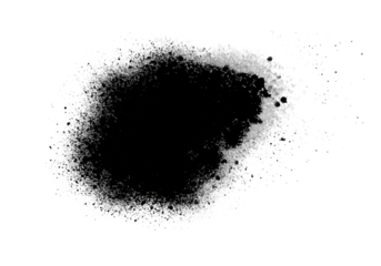 Abstract black ink splatter and spray paint texture, dynamic composition of particles, rough organic edge, standalone object with sharp contours, isolated on transparent background, top view with copy