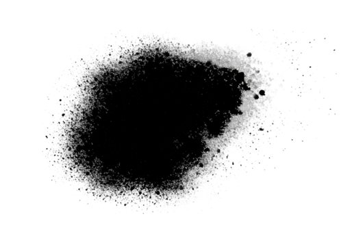 Abstract black ink splatter and spray paint texture, dynamic composition of particles, rough organic edge, standalone object with sharp contours, isolated on transparent background, top view with copy