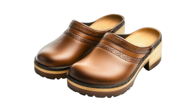 Stylish clogs with wood heels, Transparent background, PNG file