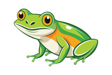 Vivid green and orange cartoon frog is sitting, looking directly forward with charm