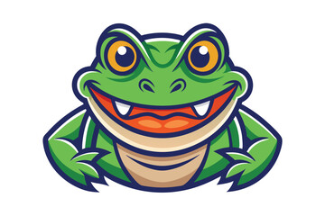 A charming green cartoon frog shows its big, friendly grin with its wide smile