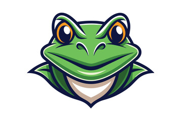 Green frog face displays bright orange eyes and a charming smile in this illustration