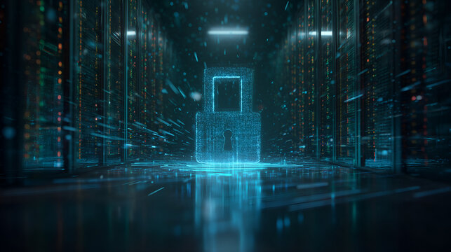 Digital Fortress: A stunning visual representation of digital security, with a glowing lock at the center, signifying data protection in a futuristic server room.
