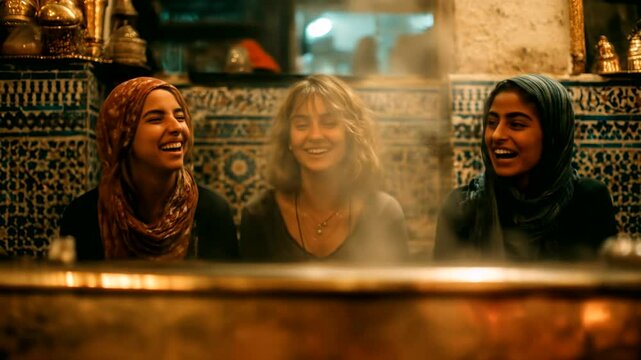 Three women laughing in a warm interior space.