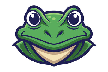 Cartoon green frog shows a big smile with a dark navy blue outline