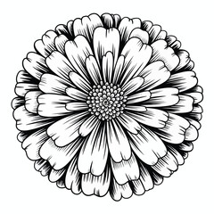 Fototapeta premium Black and white floral illustration of a zinnia flower with detailed petals and center