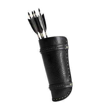 Black leather quiver with arrows isolated on transparent background