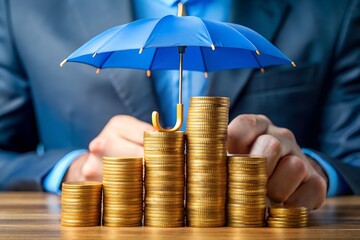 A blue umbrella protects stacks of golden coins symbolizing financial security and wealth