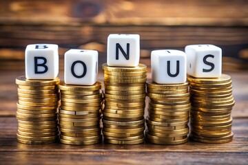 The word bonus is spelled out on stacks of golden coins representing a financial reward
