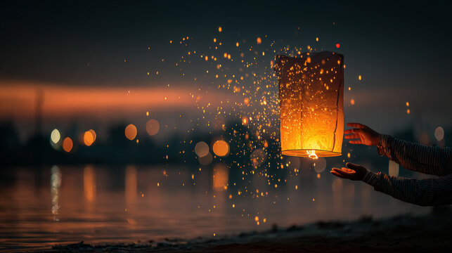 A serene and emotional moment captured as gentle hands release a glowing lantern into the twilight sky. Generative AI