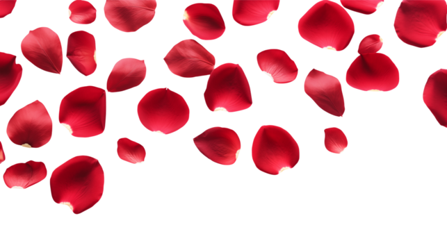 Red rose petals beautifully scattered Isolated on transparent Background create an elegant floral design.