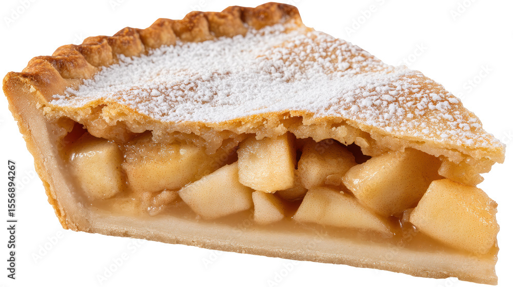 Poster apple pie slice isolated on transparent background with powdered sugar topping