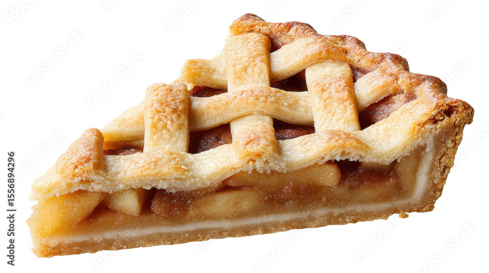 Poster slice of apple pie isolated on transparent background with golden lattice crust and sweet filling