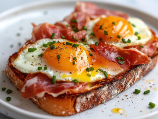 Delicious breakfast featuring crispy toast topped with sunny side up eggs, savory prosciutto, and garnished with fresh chives, creating visually appealing and appetizing dish