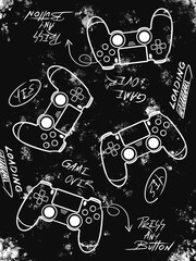 Seamless gaming pattern with hand drawn game controllers and text elements on a grunge black background. Perfect for gamer themed designs, wallpapers, merchandise and digital art projects. © thesatanyouknow