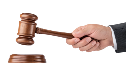 Wooden gavel held by hand isolated on transparent background with legal concept and justice