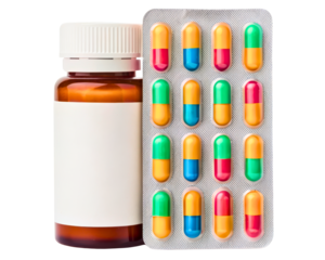 Medicine bottle next to a blister pack of capsules on a transparent background