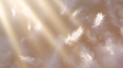 効果背景 柔らかな光と白い羽根が降り注ぐ幻想的なイメージ
