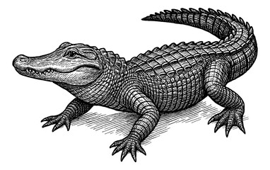 Obraz premium Detailed Engraved Illustration of an Alligator Walking, Black and White Line Art