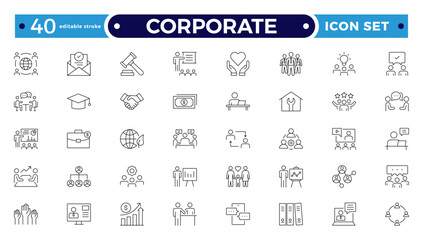 corporate Outline icon set. Business, office, finance, management, law, legal, document, team, analysis, company, chart, graph, employee, HR, contract, tax, planning. Editable stroke outline icon.