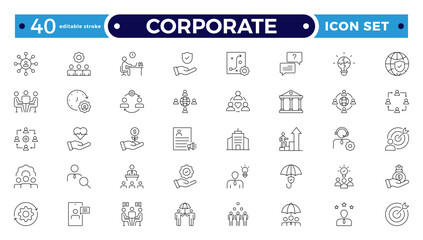corporate Outline icon set. Business, office, finance, management, law, legal, document, team, analysis, company, chart, graph, employee, HR, contract, tax, planning. Editable stroke outline icon.