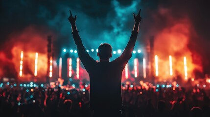 A crowd enjoys a vibrant concert, with a silhouetted figure raising hands amidst colorful stage lights and smoke.
