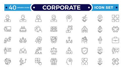 corporate Outline icon set. Business, office, finance, management, law, legal, document, team, analysis, company, chart, graph, employee, HR, contract, tax, planning. Editable stroke outline icon.