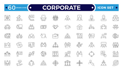corporate Outline icon set. Business, office, finance, management, law, legal, document, team, analysis, company, chart, graph, employee, HR, contract, tax, planning. Editable stroke outline icon.