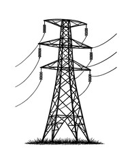 Detailed Black and White Line Art of Electricity Pylon Transmission Tower with Wires
