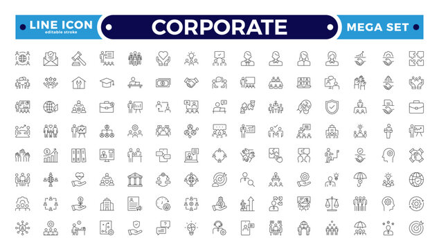 corporate Outline icon set. Business, office, finance, management, law, legal, document, team, analysis, company, chart, graph, employee, HR, contract, tax, planning. Editable stroke outline icon.