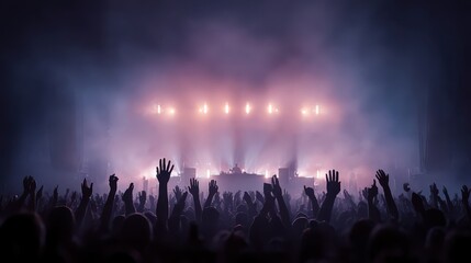 A vibrant concert scene with a crowd raising their hands in excitement, illuminated by colorful stage lights and a smoky atmosphere.