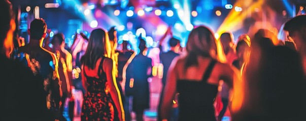 Vibrant crowd at a lively event with colorful lights and energetic atmosphere, showcasing a night of celebration and music.