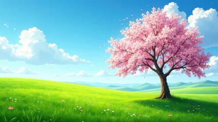 Obraz premium Serene Springtime Meadow with a Single Blossoming Tree Under a Blue Sky