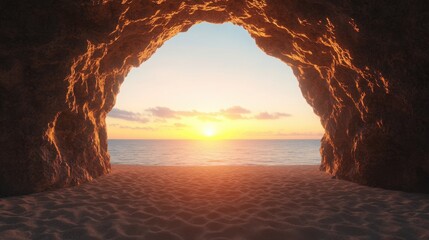 Lighting Beach Fantasy Illumination Concept. Serene Beach Sunrise View from Cave Entrance with Golden Light Reflections on Calm Waters