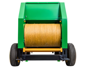 Modern green round baler making a large bale of dry straw on a transparent background
