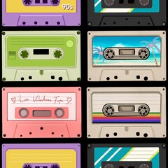 Seamless pattern of vintage music cassette tapes, hand drawn on black background.
