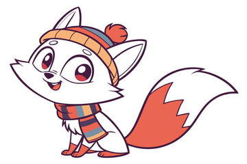 Cartoon fox warmly smiles and wears a winter hat and scarf in vector