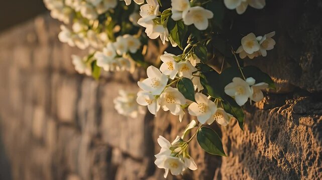Jasmine flowers cascading down a stone wall in the sunlight