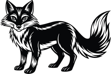 Striking monochrome fox stands alert, its tail poised in a timeless, elegant silhouette