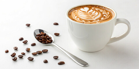 Latte art adorns a cup of coffee with coffee beans scattered around and a spoon full of beans isolated on white background