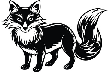 Stylized fox stares forward, featuring bold black and white contrasts, with a bushy tail
