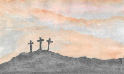 Three christian cross on the mountain. Concept for faith symbol, Christianity, Eternal life of soul, Gate to heaven, Holy cross for Easter day and Ascension day. Hand painted watercolor on paper.