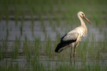 Asian openbill stork in a rice paddy