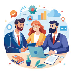 Office meeting with businesspeople discussing ideas, featuring diverse teams and managers in suits collaborating around a table