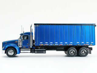 Blue semi truck with large cargo trailer is shown in side view against white background, highlighting its sleek design and robust build