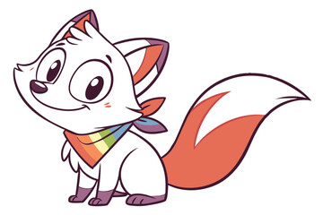 Cute white cartoon fox smiles while wearing a colorful rainbow scarf sitting down