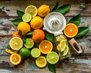 Mixed fresh citrus fruits and orange leaves background