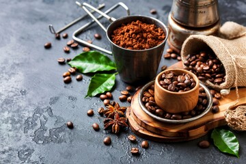 Roasted coffee beans with coffee powder and flavourful ingredients for make tasty coffee